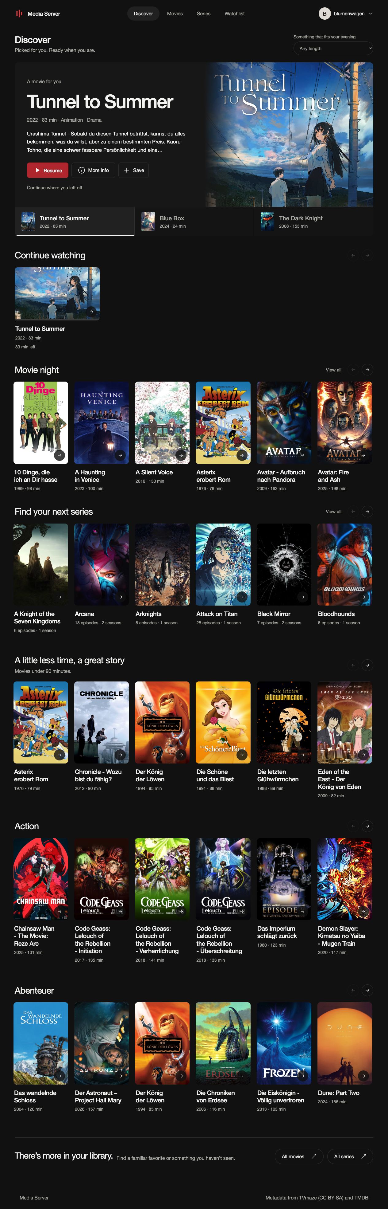 Current Crabitat interface showing Discover, Continue watching, and movie and TV shelves.